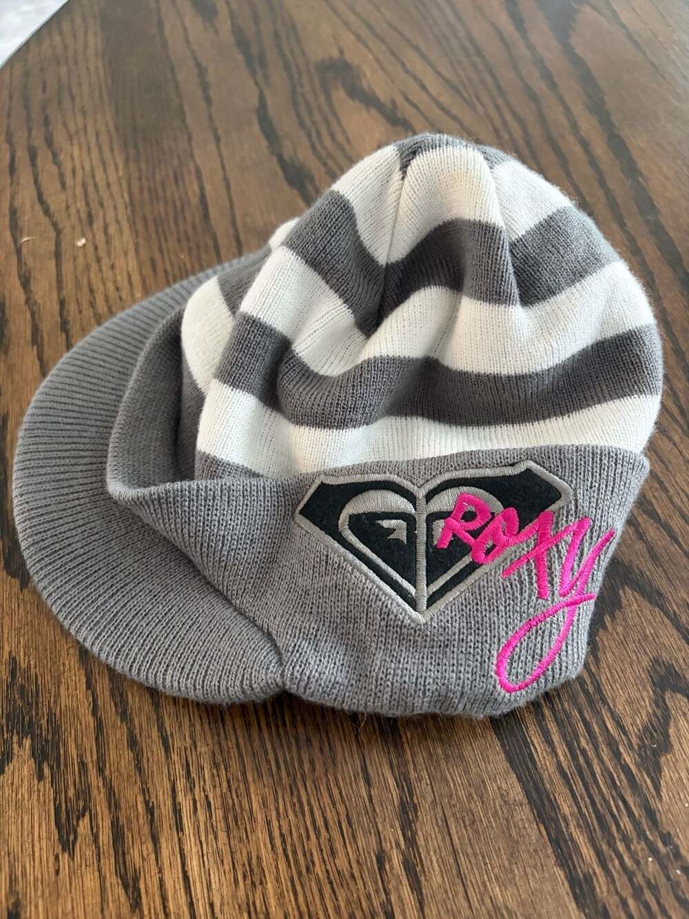 Roxy Grey and White Striped Beanie with Embroidered Logo